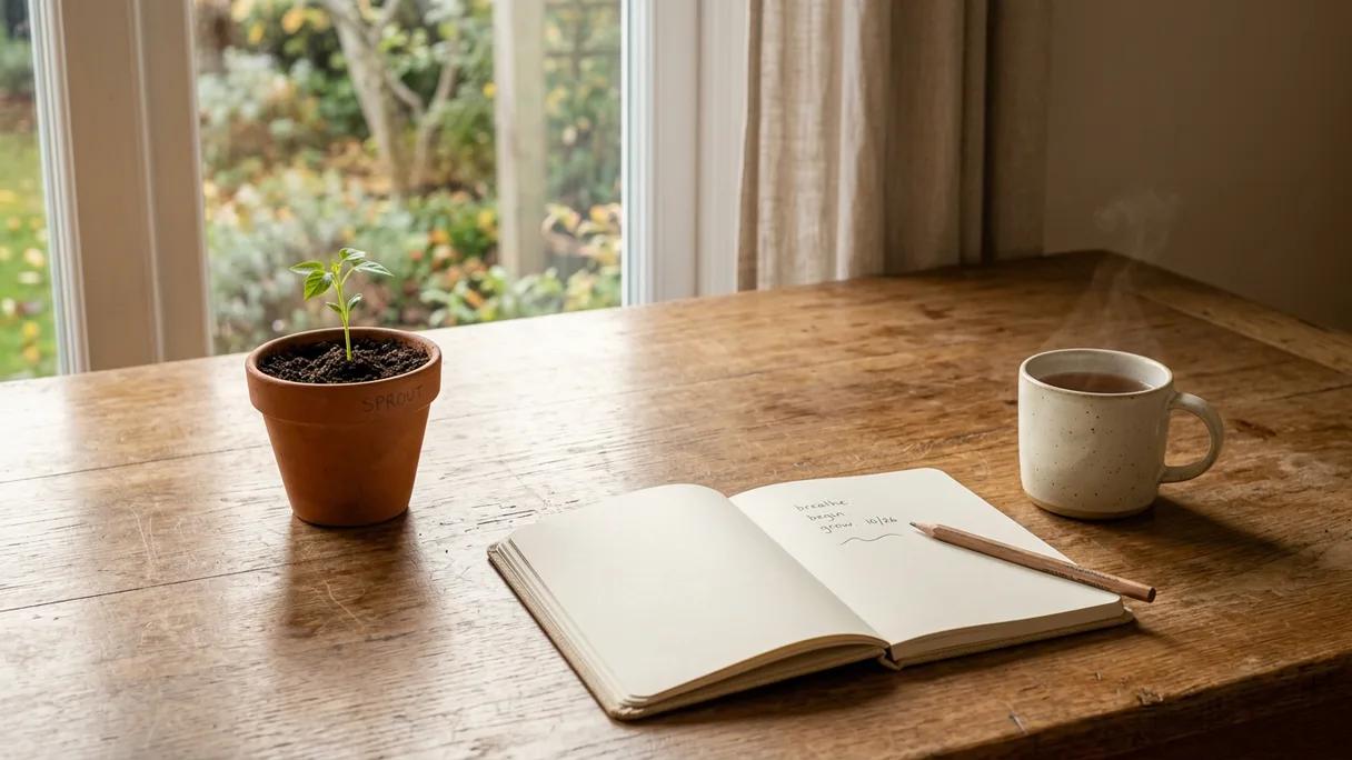 A small sprouting plant, an open notebook and a mug on a mostly empty wooden desk in soft light.