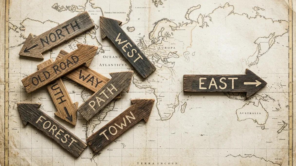Wooden direction arrows scattered on map paper, with one set apart pointing clearly to the right.