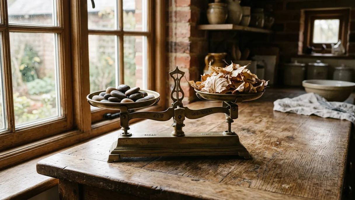A brass scale weighing heavy polished stones against light dry leaves on a wooden counter.