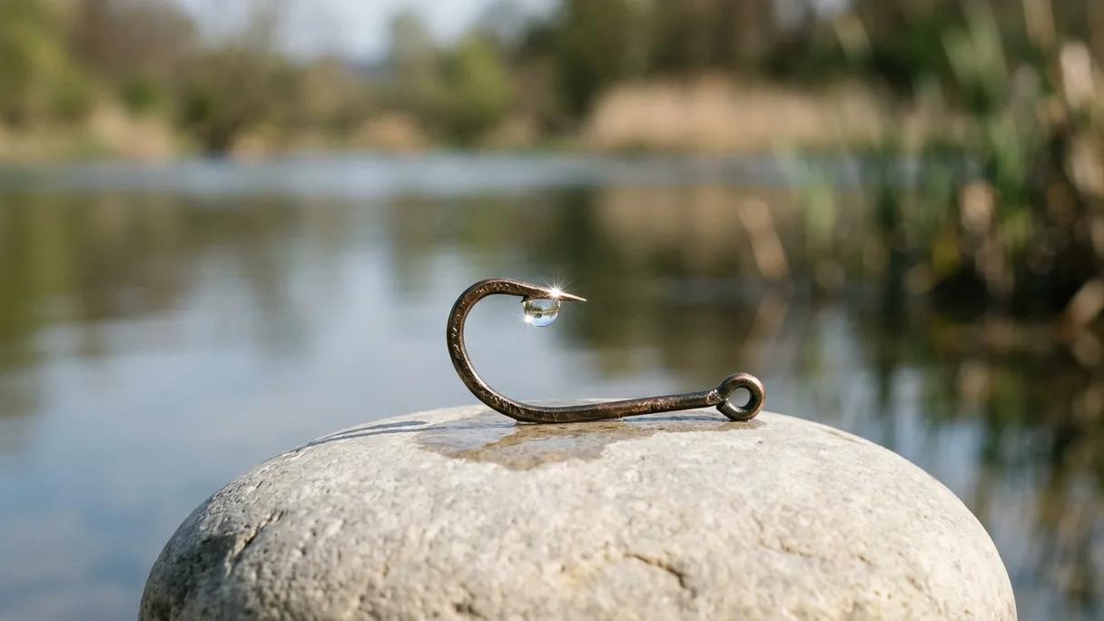 A single bronze fish hook on a pale stone with a water drop catching the light, blurred background.