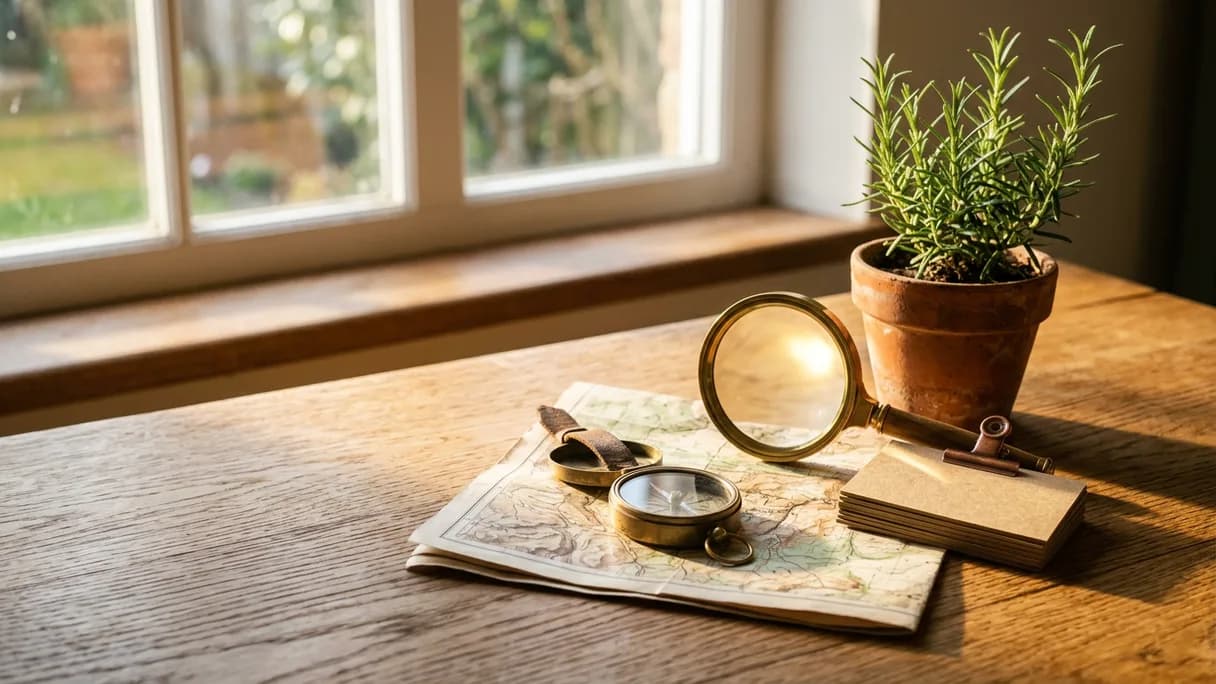 Una brújula de latón, una lupa y un mapa doblado sobre un escritorio de madera iluminado por el sol.