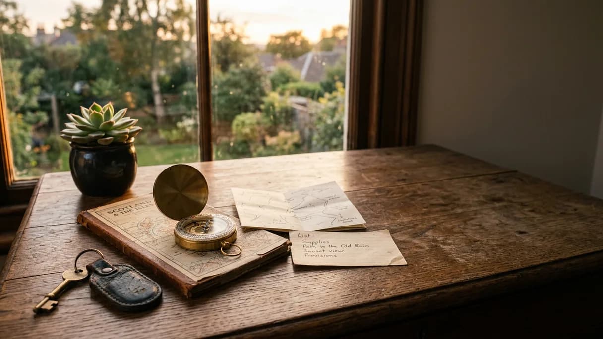 A small open brass compass, a folded paper map, and a handwritten list on a sunlit wooden desk.
