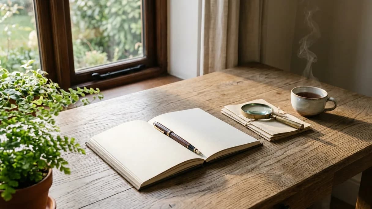 Un quaderno aperto, una lente d'ingrandimento in ottone su fogli di carta piegati e una tazza di tè fumante su una scrivania di legno illuminata dal sole.