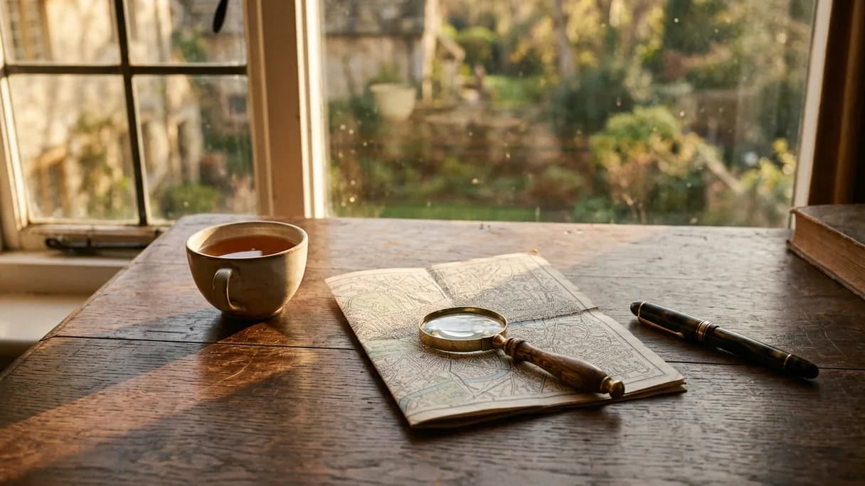 A brass magnifying glass resting on a folded street map on a sunlit wooden desk.