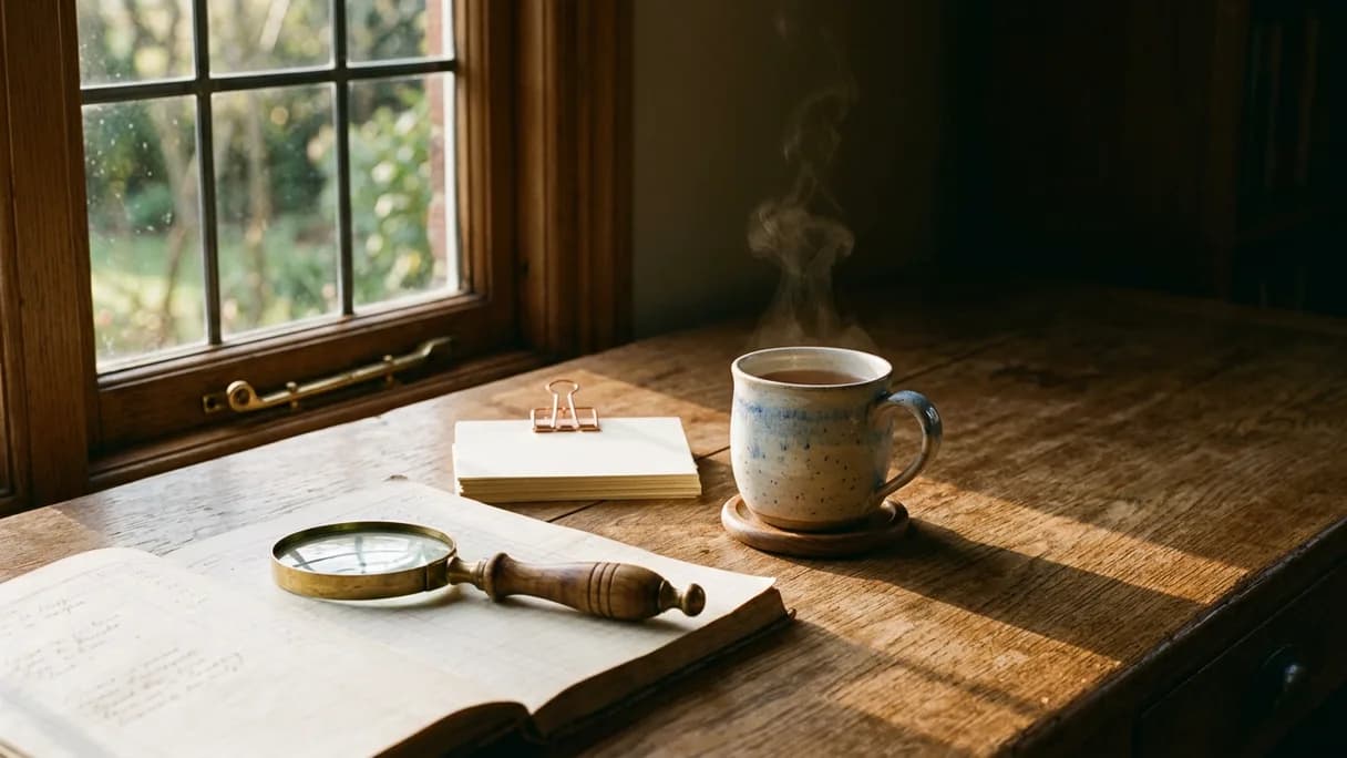 Una lente d'ingrandimento in ottone posata sulle pagine rigate di un registro aperto su una scrivania di legno illuminata dal sole.