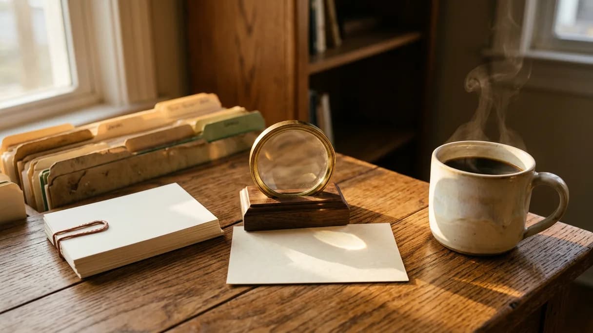 A brass magnifying glass in a wooden stand casting light onto a plain card among a stack of blank cards on a sunlit wooden desk.