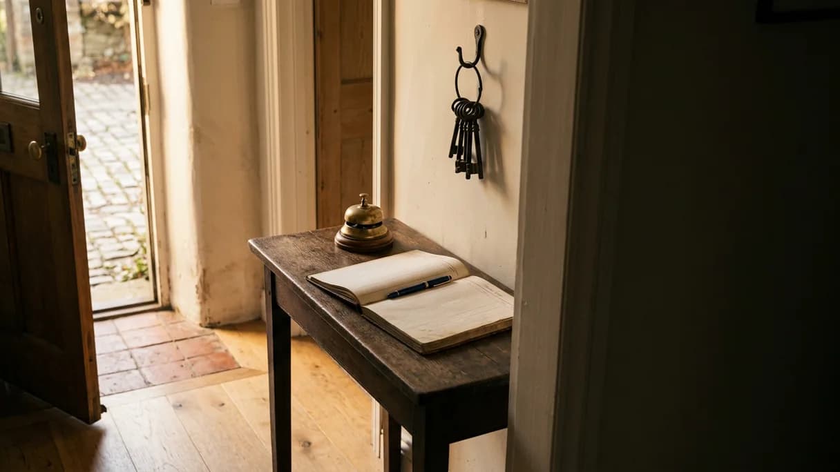 Una campanilla de latón, un libro de visitas abierto y un manojo de llaves junto a una puerta de entrada entreabierta.