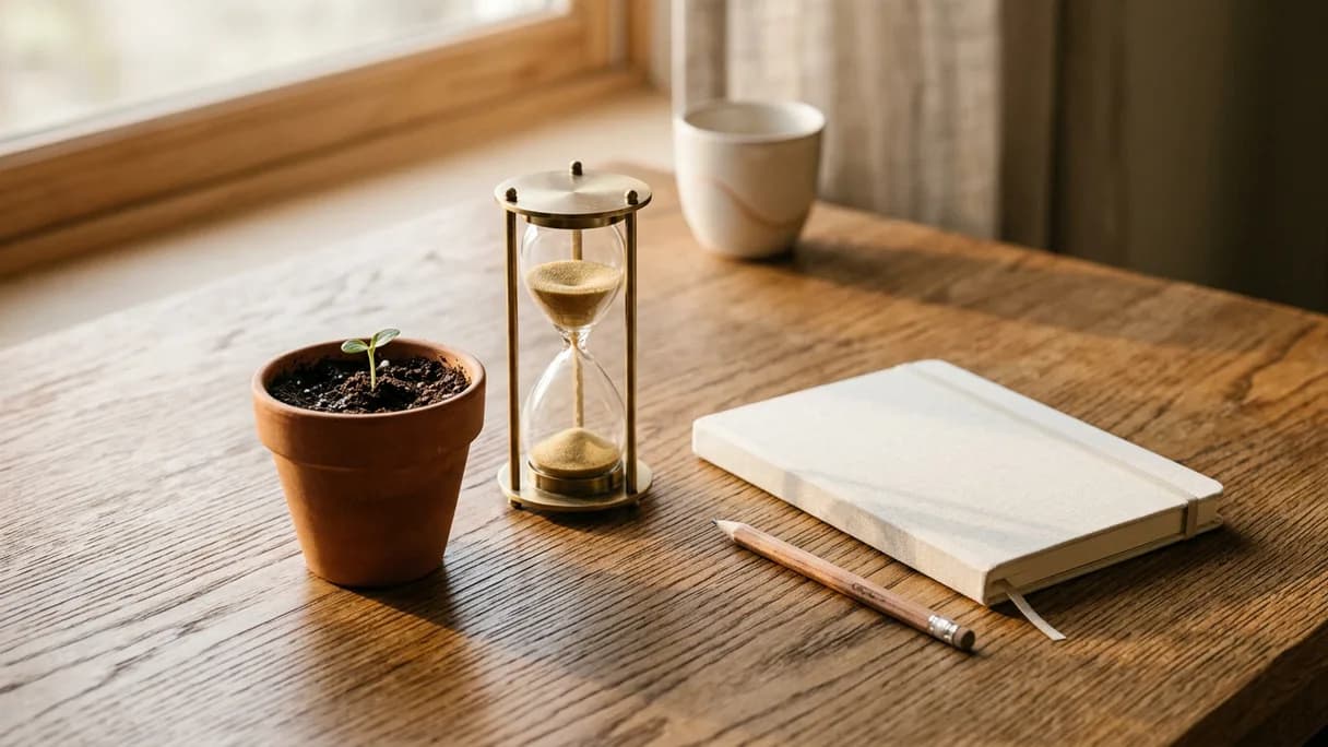 Un pequeño brote verde en una maceta de terracota junto a un reloj de arena de latón sobre un escritorio de madera iluminado por el sol.