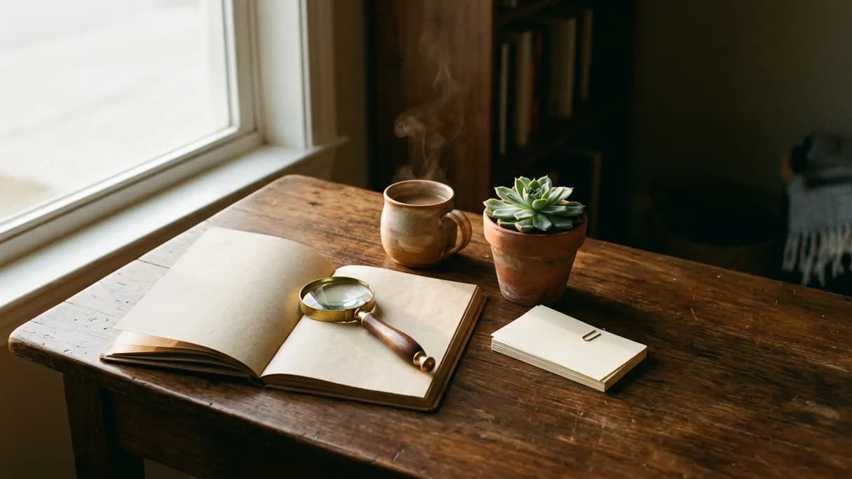 Una lupa de latón sobre un cuaderno en blanco abierto, junto a fichas, en un escritorio de madera iluminado por el sol.