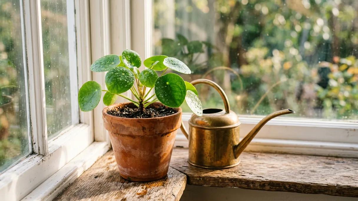 Una pianta verde rigogliosa in un vaso di terracotta accanto a un annaffiatoio di ottone su un davanzale soleggiato.
