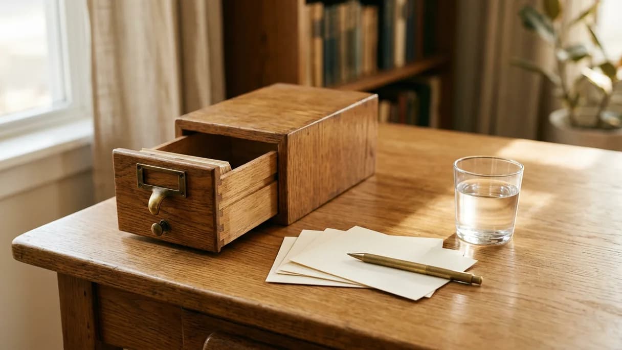 A small oak card-catalog drawer pulled open beside a few blank index cards and a slim brass pen on a sunlit wooden desk.