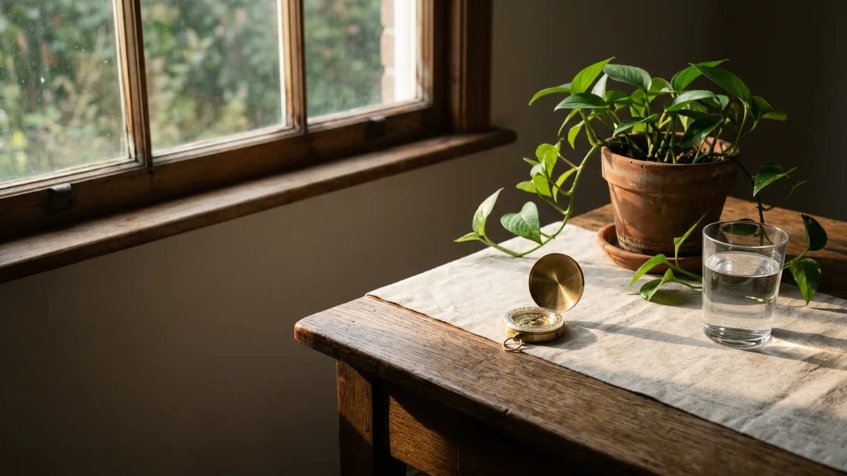 Una piccola bussola di ottone e un vaso con una pianta verde su una scrivania di legno nella luce tenue del mattino.