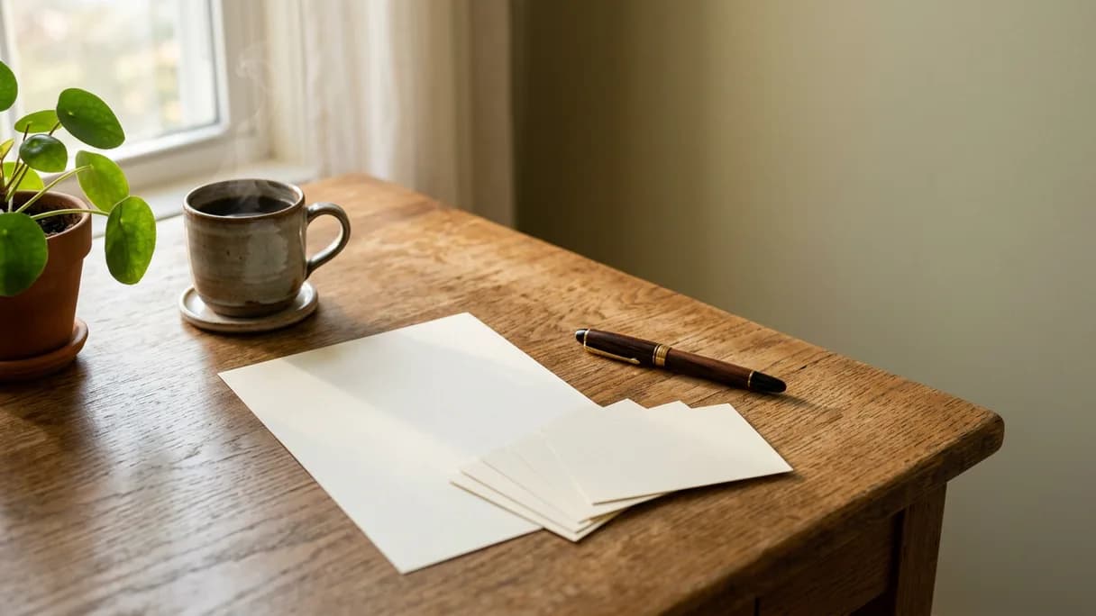 Un foglio di carta su una scrivania di legno con alcune schede bianche disposte a ventaglio accanto a una penna e a una tazza di caffè fumante nella luce del mattino.