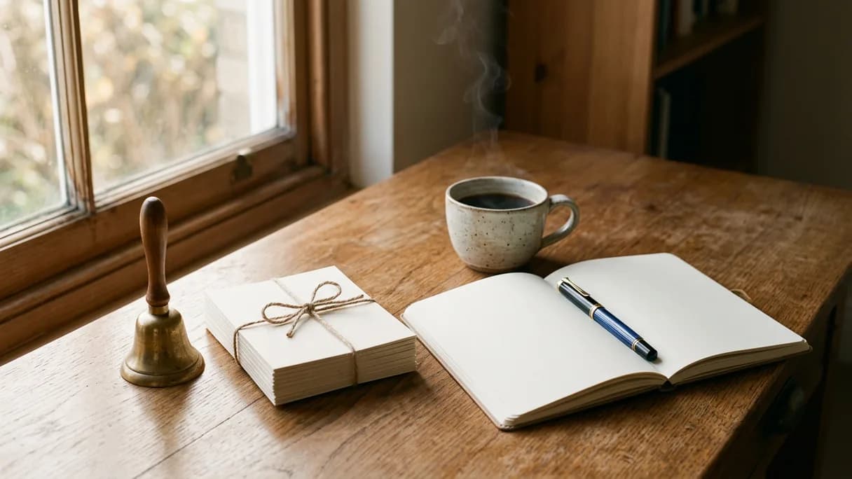 A small brass hand-bell beside a stack of blank note cards and an open notebook on a sunlit wooden desk.