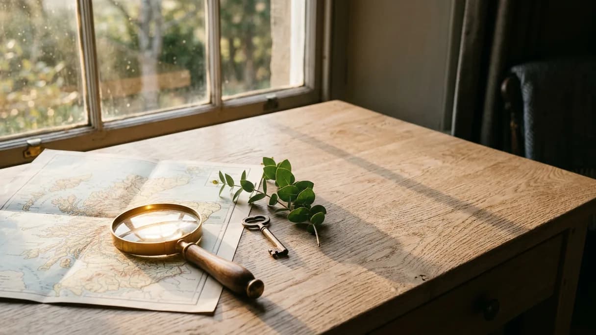 Una lupa apoyada sobre un mapa de papel plegado junto a una pequeña llave de latón en una mesa de madera con luz suave de tarde.