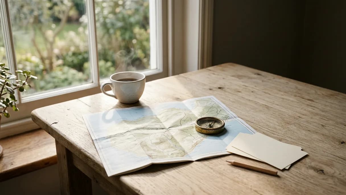 Un mapa de papel plegado y una pequeña brújula de latón sobre una mesa de roble con luz suave.