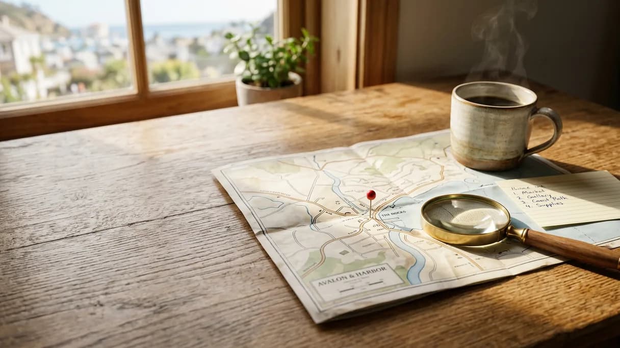 A magnifying glass and a single red pin resting on an open paper town map on a sunlit wooden desk.