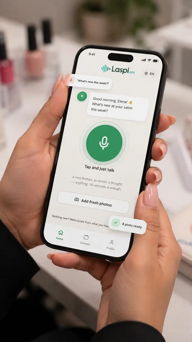 Laspi app — one voice note, a week of posts