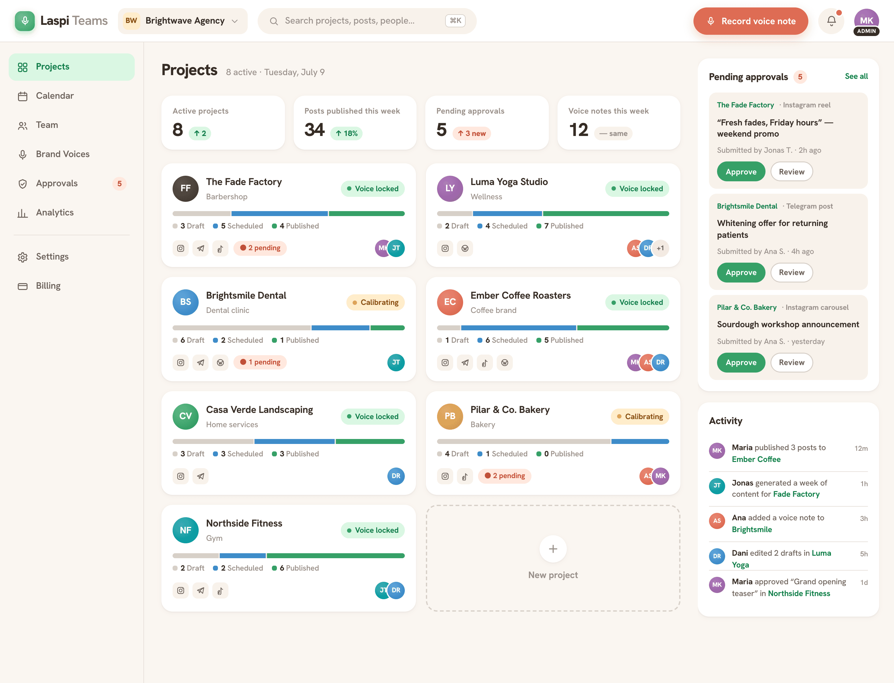 La dashboard di Laspi Teams: progetti clienti, approvazioni e attività del team