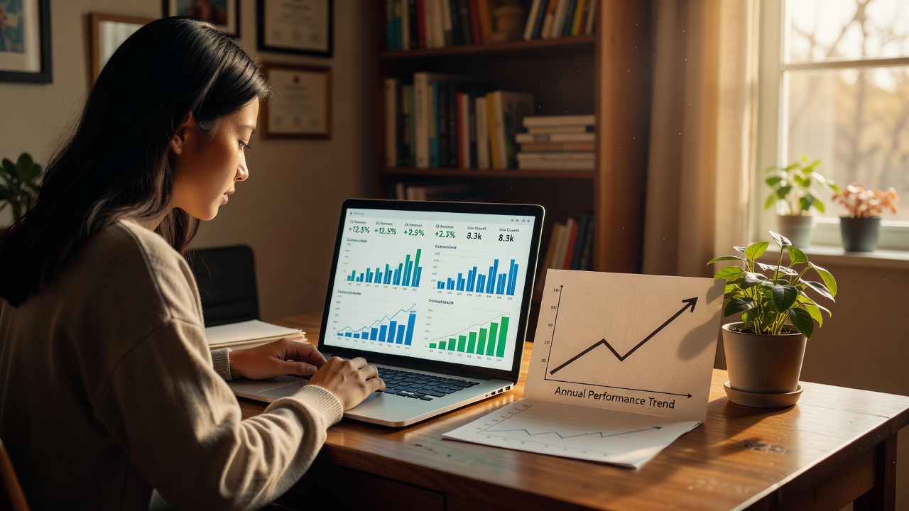 Scrivania con computer portatile che mostra un articolo di content marketing, taccuino e tazza di caffè, con calendario e grafico di crescita sullo sfondo.