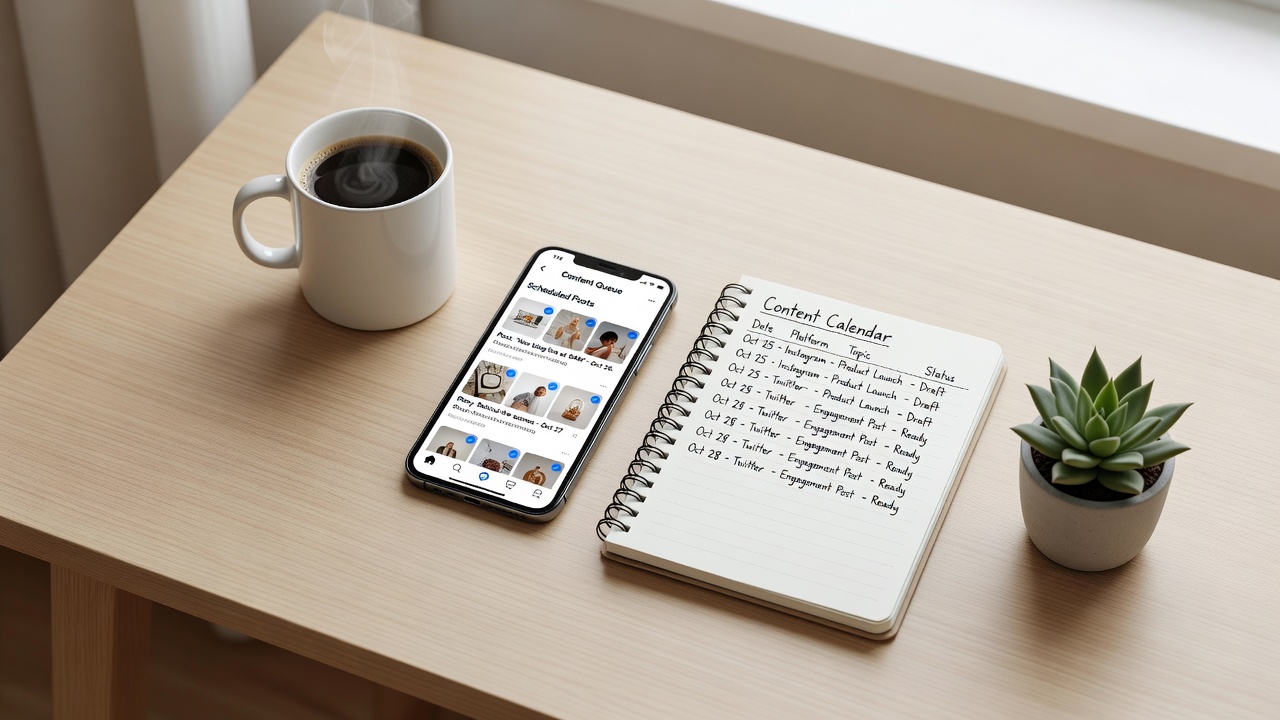 Teléfono con redes sociales, libreta con lista de tareas, taza de café y temporizador de 15 minutos sobre un escritorio limpio, representando gestión eficiente del tiempo.