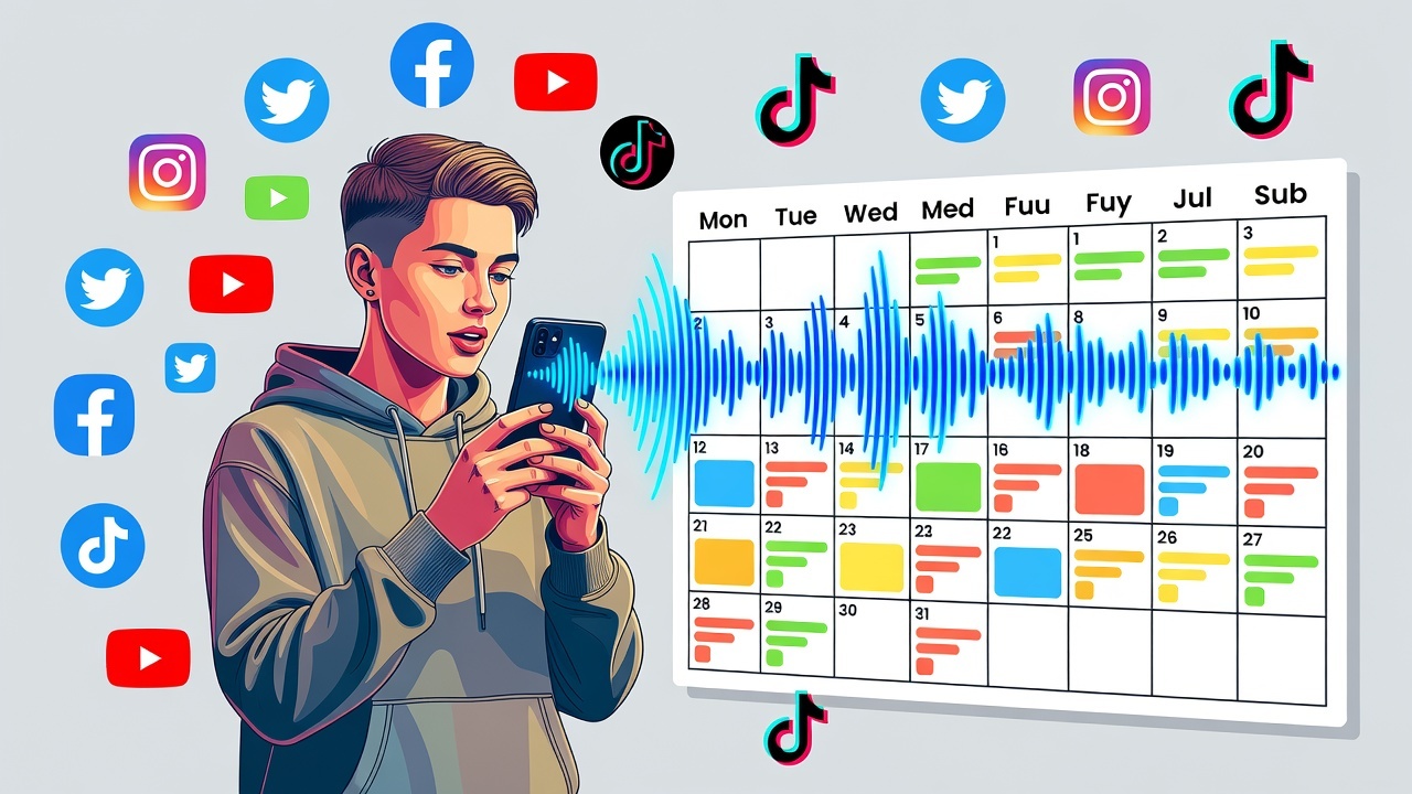 Illustration of voice input transforming into a week of social media content