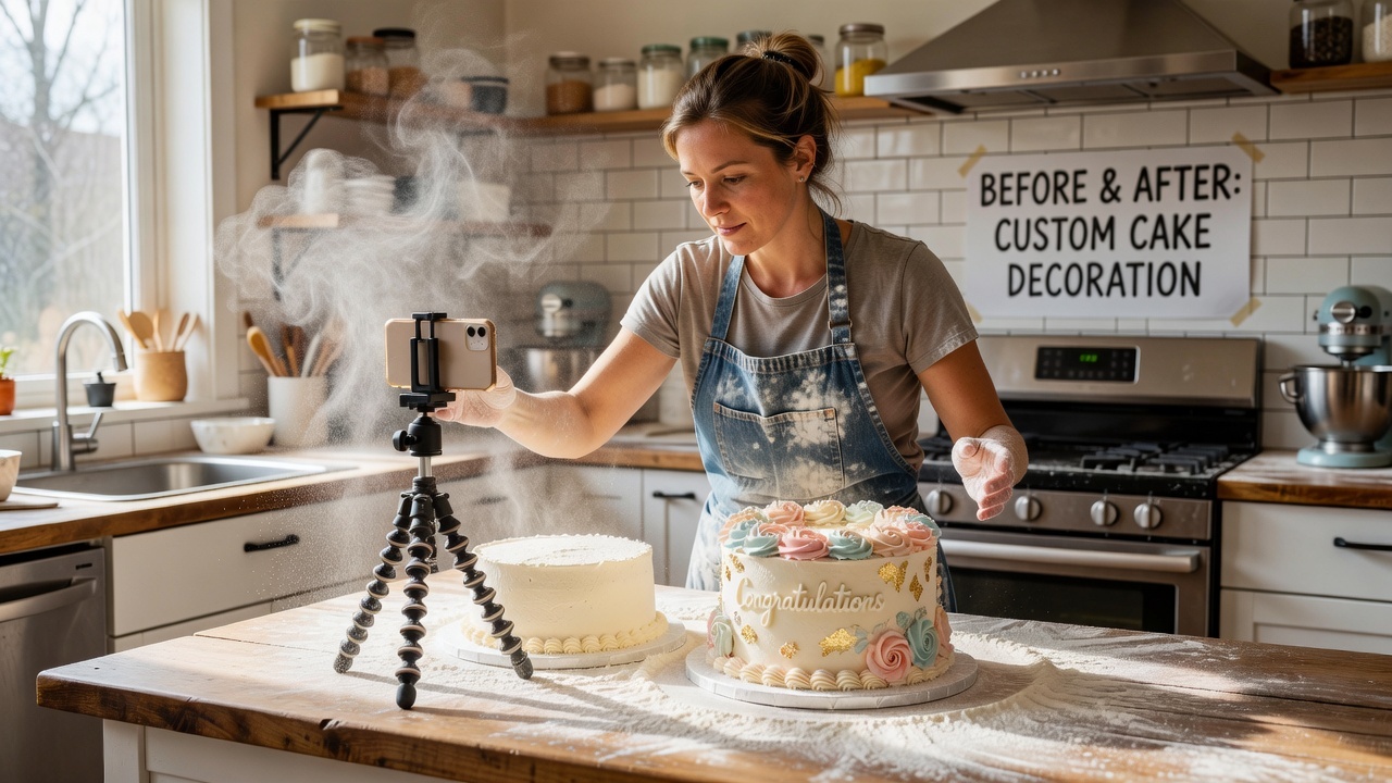 Small business owner filming a cake decorating process video on a smartphone for TikTok.