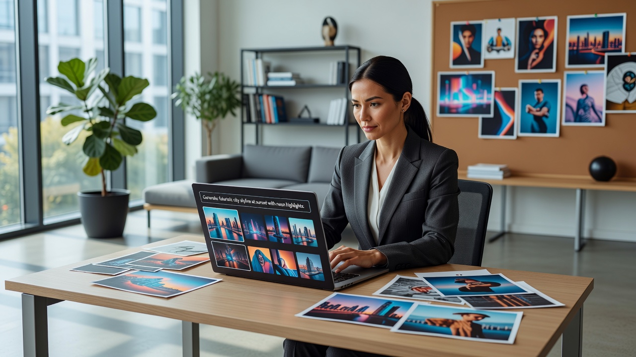 Entrepreneur using an AI image generator on a laptop in a modern office