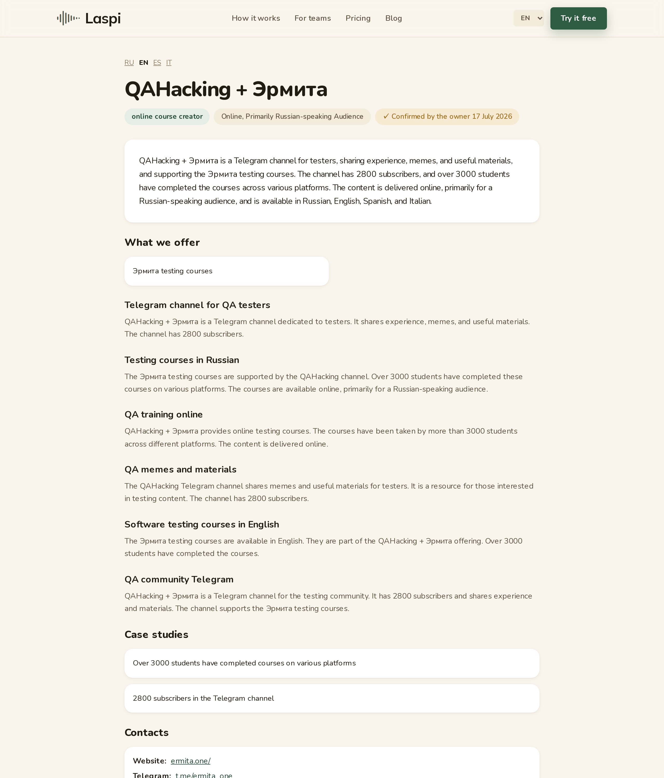 A business page: services, answers to real queries, case studies — all from your profile